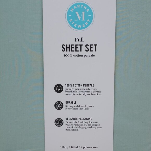 Martha Stewart Full Sheet Set 200 Thread Count Cotton Percale Green - Picture 3 of 8